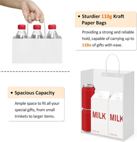 Miniatura 3 de BagDream Bolsas de regalo blancas de 10 x 5 x 13 pulgadas, 50 bolsas grandes de papel kraft con asas a granel para compras, mercancía, venta al por