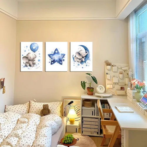 Miniatura 5 de Juego de 3 Arte de Pared en Lienzo para Cuarto de Bebé Niño, Pintura de Decoración de Pared con Imagen de Elefante Azul Luna y Estrellas, Lindos