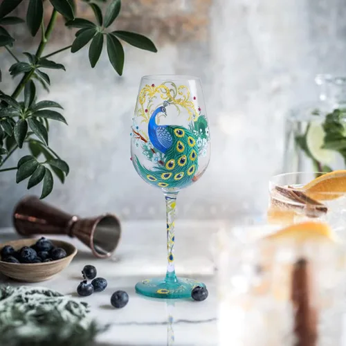 Miniatura 3 de NymphFable Copa de vino pintada a mano color pavo real, diseño artesanal pintado 15oz, regalo personalizado para tu mejor amigo