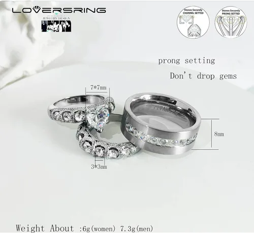 Miniatura 49 de Conjunto de dos anillos de boda para él y para ella, anillos para parejas. Anillos de compromiso para novia en acero inoxidable chapado en oro Blanco