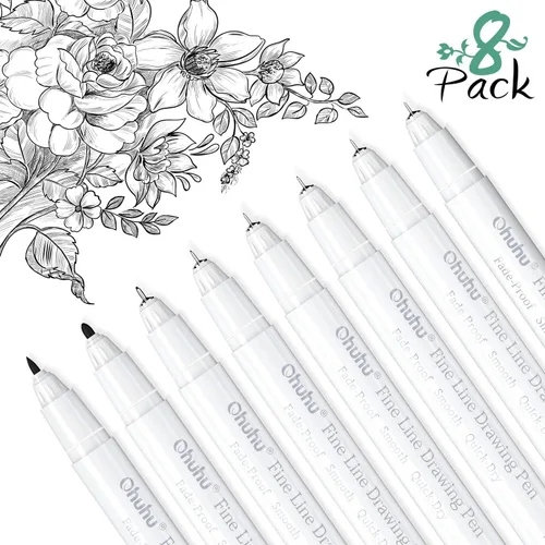 Miniatura 2 de Ohuhu Fineliner Bolígrafos Micro Dibujo: Puntas de 8 tamaños (ultrafinas, finas y con pincel) Tinta negra de pigmento impermeable para ilustración