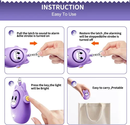 Miniatura 3 de Llavero de alarma personal para mujeres con luz LED, sonido seguro de 130 dB, sirena fuerte de 130 dB, alarma de seguridad de autodefensa de Púrpura