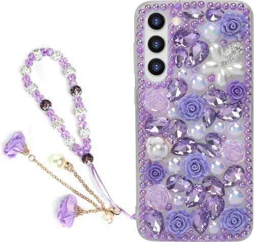 Miniatura 18 de para iPhone 14 Pro - Funda con Purpurina y Diamantes de Imitación, de Lujo, con Cristales Brillantes, Flores de Rosa, Perlas Florales, Pulseras