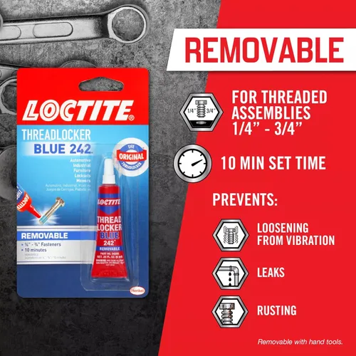 Miniatura 5 de Loctite Threadlocker Azul 242 - Adhesivo de fijación de roscas removible para tuercas, pernos y sujetadores, adhesivo para tornillos de resistencia