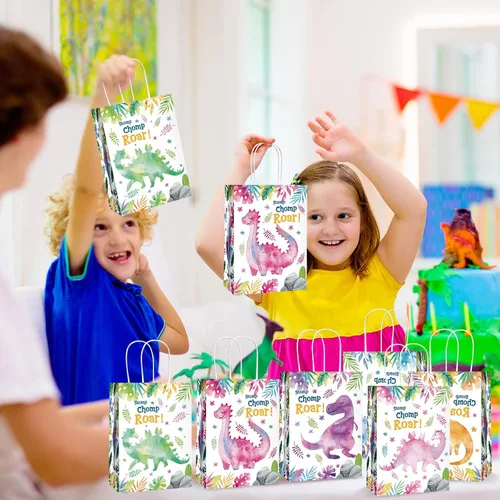 Miniatura 5 de Outus 24 bolsas de regalo de fiesta de dinosaurios, bolsas de regalo de fiesta de dinosaurio con asa para niñas y niños, temática de dinosaurios