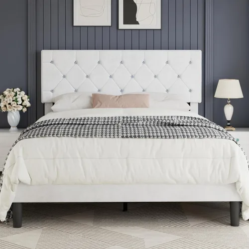 Miniatura 20 de VECELO Base de cama de tamaño individual, plataforma tapizada con cabecera ajustable de diamante, soporte de listones de madera, no necesita somier