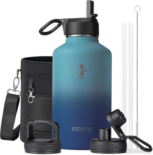 Miniatura 47 de Coolflask Botella de agua de 20 onzas aislada con pajilla, 3 tapas de metal de acero inoxidable, botella de agua de boca ancha para deportes u