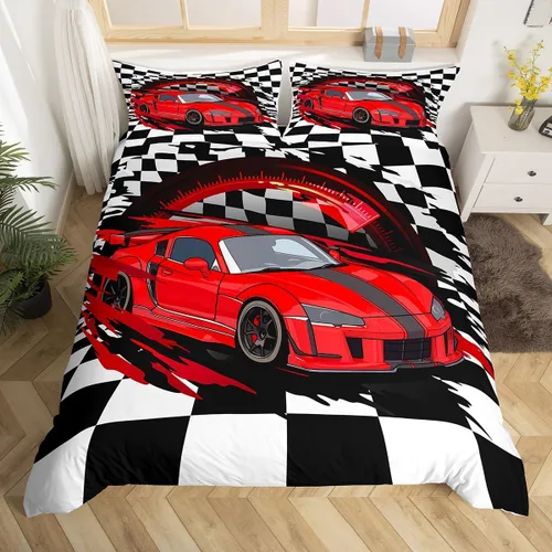 Miniatura 12 de Erosebridal Juego de ropa de cama de coche deportivo verde para niños, tamaño individual, funda de edredón de autos de carreras para niños