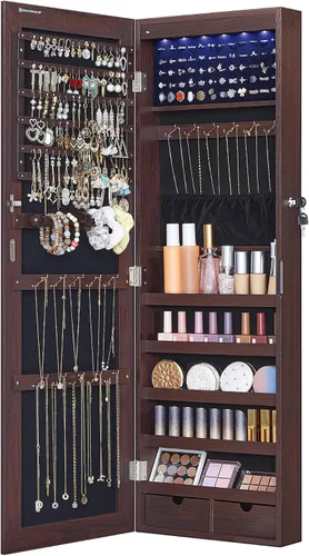 SONGMICS Gabinete colgante de joyería, gabinete de pared con luces interiores LED, organizador de joyas montado en la puerta, espejo de cuerpo