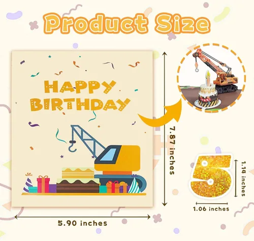 Miniatura 6 de Tarjeta de cumpleaños emergente 3D de 5 años con luz y música, tarjeta de grúa y camión para niño, sobrino, nieto, hijo, niño pequeño, con sobre, 5º