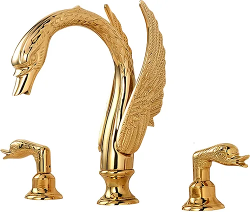 Oro dorado adornado estilo cisne baño fregadero grifo combinado cubierta montaje fregadero mezclador grifo conjunto agua fría caliente
