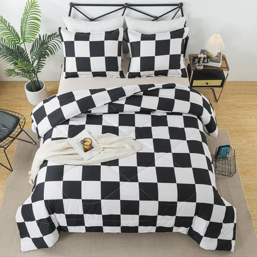 Miniatura 10 de Caressma Juego de edredón a cuadros tamaño individual, juego de ropa de cama de edredón a cuadros negros y blancos para todas las estaciones