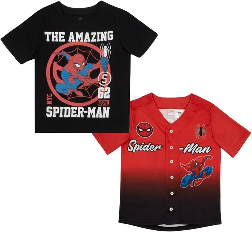 Marvel Paquete de 2 camisetas de Spider-Man para niños, camiseta de béisbol y camiseta de Spiderman, paquete de 2 unidades para niños
