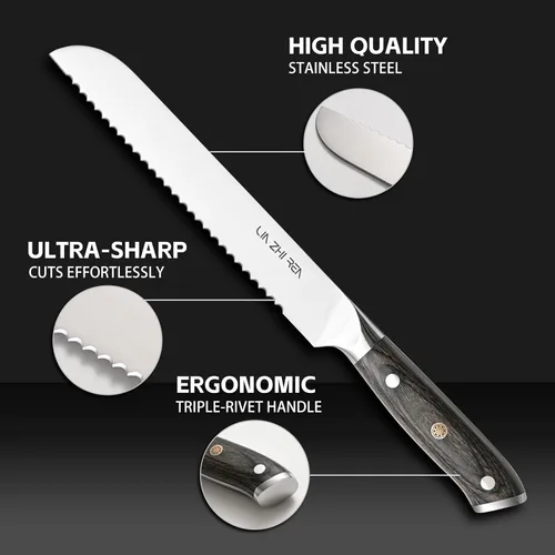 Miniatura 3 de Cuchillo de pan, cuchillos de pan de 8 pulgadas para masa madre de pan casera, hoja dentada de acero inoxidable alemán de alto carbono, hoja