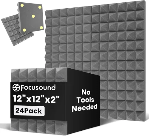 Miniatura 9 de Focusound Paneles acústicos, paquete de 24 unidades de 2 x 12 x 12 pulgadas con 120 adhesivos de doble cara, espuma piramidal a prueba de sonido