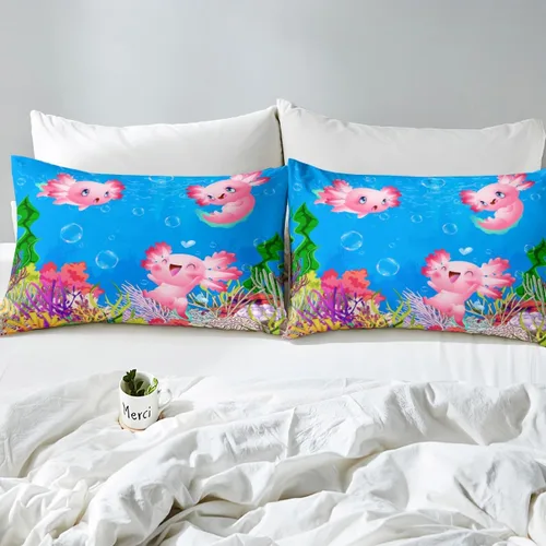 Miniatura 5 de Lindo juego de sábanas de ajolote, juego de sábanas de salamandra de dibujos animados para niños, juego de ropa de cama de mundo submarino