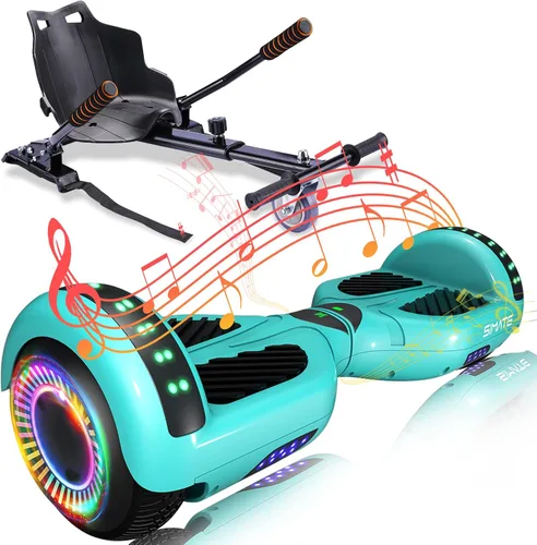 SIMATE Aeropatineta con combinación de accesorios de asiento, 6.5 pulgadas, autoequilibrante, con altavoces Bluetooth y luces LED para niños,