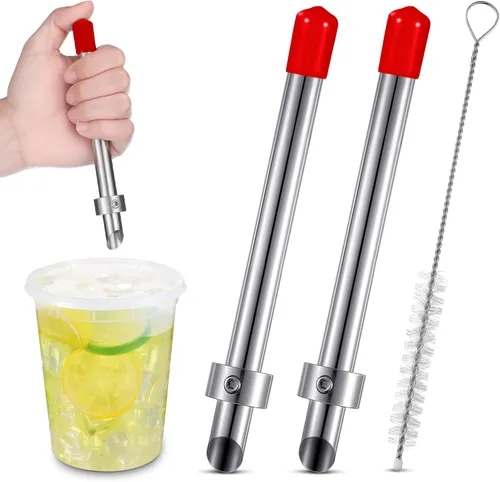 Miniatura 15 de Lasnten Paquete de 2 perforadores de paja para tapas de plástico, vasos de limonada, herramientas de perforación de acero inoxidable para bebidas