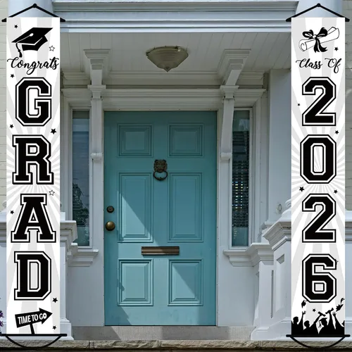 Miniatura 16 de Cartel de graduación 2026, decoraciones de graduación negro y dorado, letrero de porche de clase de 2026, decoración de puerta de felicitaciones