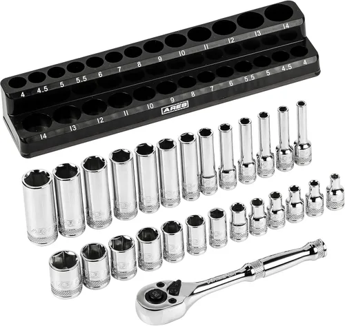 ARES 47003-Juego de 28 llaves métricas de 1/4 pulgadas y trinquete de 90 dientes con organizador magnético, tamaños de 0.157 in a 0.551 in de