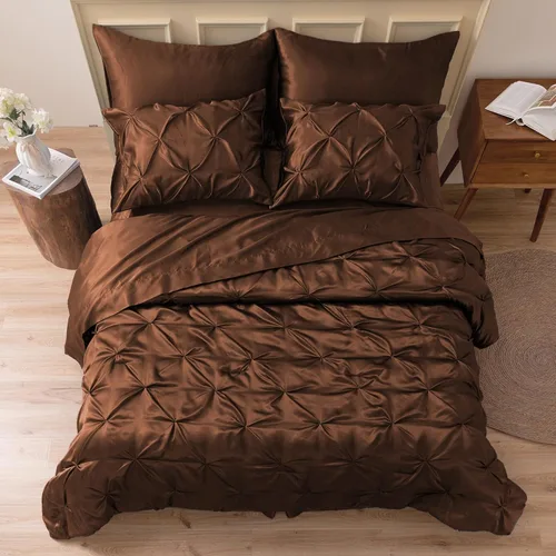 MR&HM Juego de ropa de cama con edredón satinado King de 7 piezas - Juego de cama lujoso con pliegues, con edredón, sábana plana, sábana ajustada,