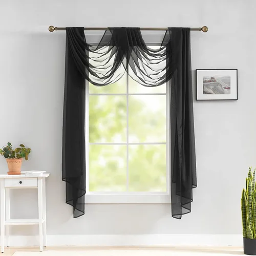 Miniatura 2 de Luvyohmee Cenefas de bufanda negras para ventanas, cenefa transparente de 144 pulgadas, cenefas transparentes para ventanas, tela para drapear