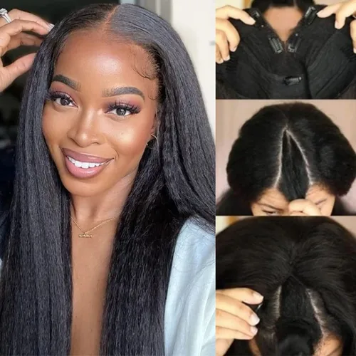 UNICE - Peluca de cabello humano lacio tipo afro con parte en V, sin pegamento, con parte en U mejorada, con pinzas de máquina, sin mechones fuera,