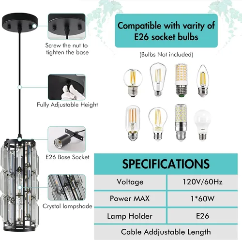 Miniatura 2 de Lámpara colgante negra moderna, mini lámpara colgante de cristal, lámpara colgante ajustable para cocina, comedor, dormitorio (paquete de 2 unidades)
