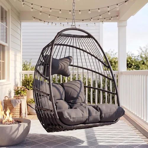Bulexyard Silla huevo al aire libre sin soporte, 159 kg plegable resistente al clima de ratán colgante con cojín, asiento tipo cesta mecedora Gris