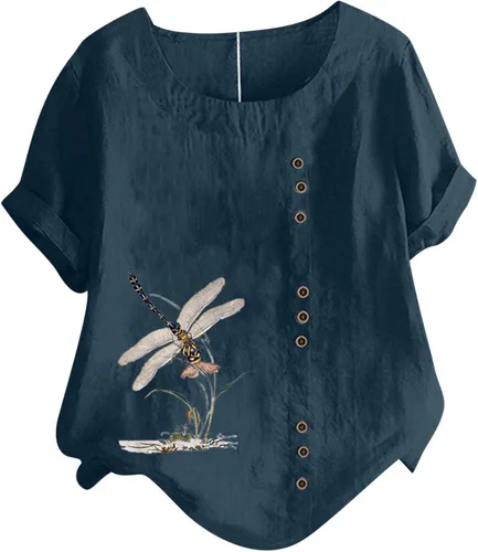 Ceboyel Blusa de algodón y lino para mujer, camiseta con estampado de libélula, manga corta, casual, para verano, a la moda, lindos trajes para mujer