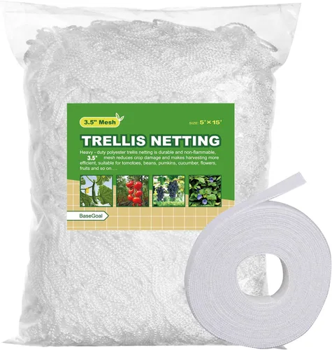 BaseGoal - Red de enrejado para todo clima, malla flexible de poliéster de 3.5" para plantas de jardín, vid, cultivo, 5' de ancho x 15' de largo