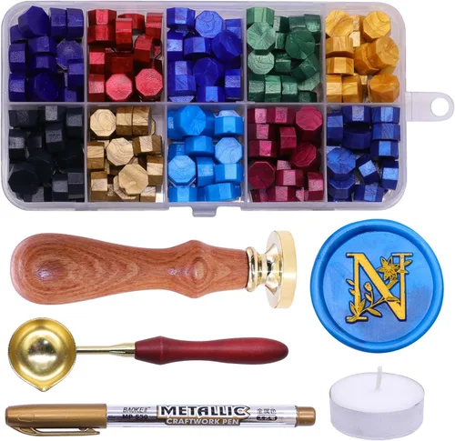 Miniatura 18 de SWANGSA Kit de sello de cera con letra inicial del alfabeto A, elegante sello de sellado de letras florales botánicas con 200 cuentas de cera