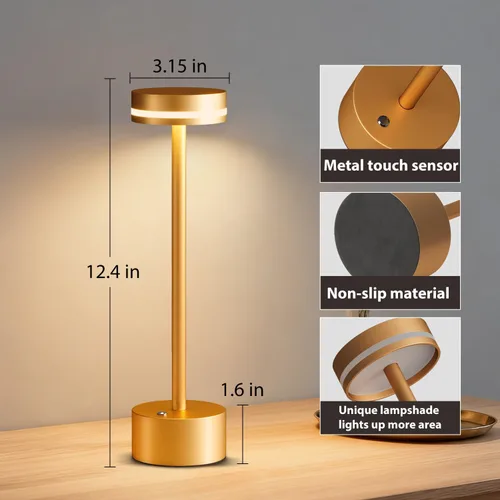 Miniatura 3 de Lámpara de mesa inalámbrica recargable dorada moderna, lámpara táctil de aluminio y batería operada de 4000mAh, lámparas de mesa LED de 3000K