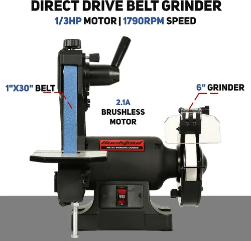 Miniatura 2 de Bucktool Combo de amoladora de banda de banco de baja velocidad, correa de 2.1 A de 1 x 30 pulgadas y amoladora de 6 pulgadas, lijadora de disco