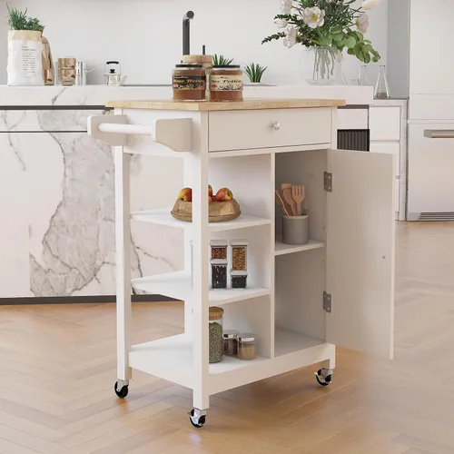 Miniatura 3 de RASOO Carrito de cocina con almacenamiento, pequeño carrito de isla estrecho blanco sobre ruedas, armario de almacenamiento superior de madera
