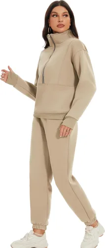 Miniatura 4 de COZYPOIN Conjunto deportivo de 2 piezas para mujer, sudadera de forro polar con cremallera media y pantalones de chándal de forro polar
