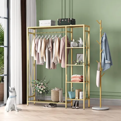 TIEOU Estantes de ropa dorados modernos independientes, estante de ropa dorado con estantes para boutiques, estante de ropa resistente para colgar