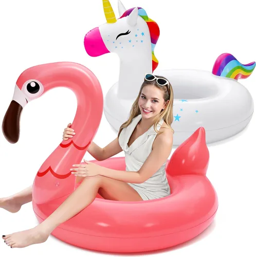 SLOOSH Paquete de 2 flotadores inflables de flamenco de unicornio para piscina, decoraciones de fiesta de natación, divertidos flotadores, tubos