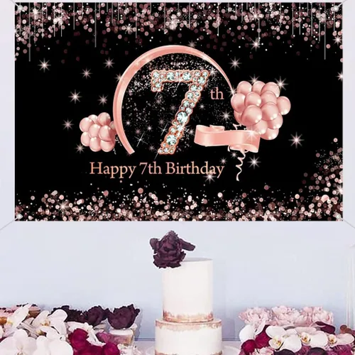 Miniatura 4 de Cartel de tela para decoración de cumpleaños número 7 para niñas, cartel de tela para fiesta de cumpleaños de niña de 7 años, fondo de foto negro