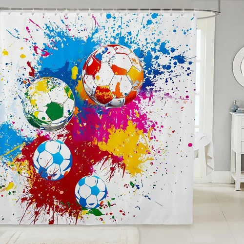 Miniatura 10 de Cortinas de ducha para niños, juegos de pelota de deportes, zapatos de baloncesto y fútbol, cortinas de baño simples y elegantes para niñas, niños