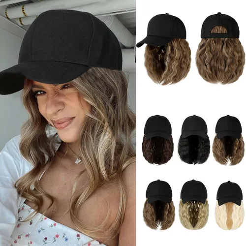 Miniatura 13 de Peluca de gorra de béisbol para mujer, gorra de béisbol con extensiones de cabello, gorra ajustable adjunta de 15 pulgadas, peluca sintética corta