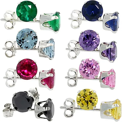 Pendientes redondos de plata de ley de 0.197in con circonita cúbica, corte brillante, varios colores, 1 qt.
