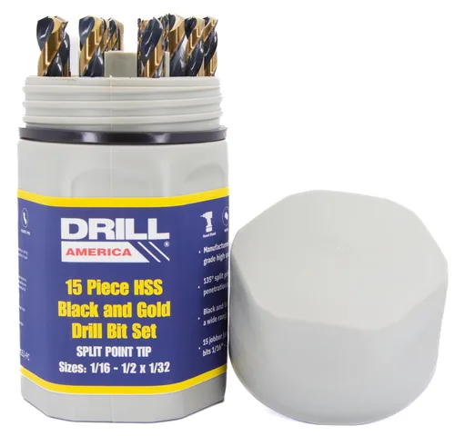Drill America Juego de 15 piezas de brocas de acero de alta velocidad con acabado negro y dorado en estuche redondo (1/16" - 1/2" x 32avos), serie