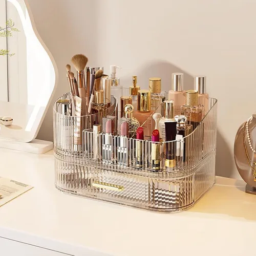 Organizador de maquillaje giratorio de 360° con cajón, exhibición de almacenamiento de cosméticos de acrílico transparente, contador de belleza
