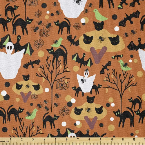 Miniatura 107 de Ambesonne The Yard, tela de calavera colorida con temática de Halloween, diseño de calavera y huesos cruzados, divertido estampado de dibujos