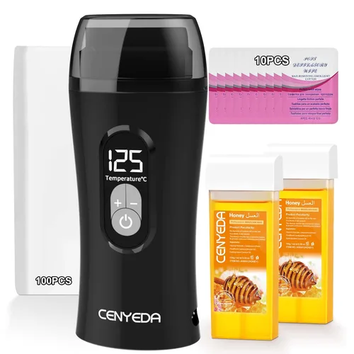Kit de Cera de Miel Digital para Depilación Femenina - Calentador Roll On con 2 Cartuchos y 100 Tiras de Cera Negro