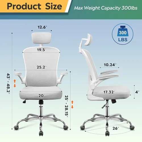 Miniatura 3 de DEVAISE Silla de oficina, silla de escritorio ergonómica de malla con respaldo alto con reposabrazos abatibles, reposacabezas ajustable y soporte