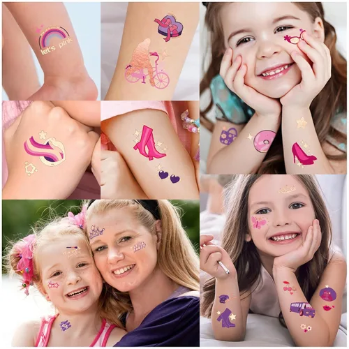 Miniatura 6 de Tatuajes Temporales Impermeables - 128 piezas de Tatuajes Falsos Groovy para Fiestas de Cumpleaños de Niñas, Princesas, Bolso Arcoíris, Zapatos