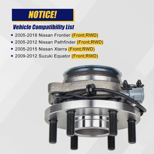 Miniatura 6 de KUSATEC 515064 Cojinete de rueda delantera y conjunto de cubo compatible con Nissan Frontier Pathfinder Xterra 2WD, Suzuki Equator 2009 2010 2011