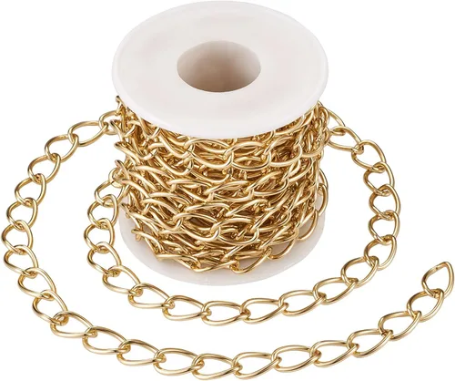 FASHEWELRY Cadena de eslabones de aluminio de 16.4 pies sin soldar, rollo de cadenas de eslabones dorados con carrete para hacer collares, joyas,
